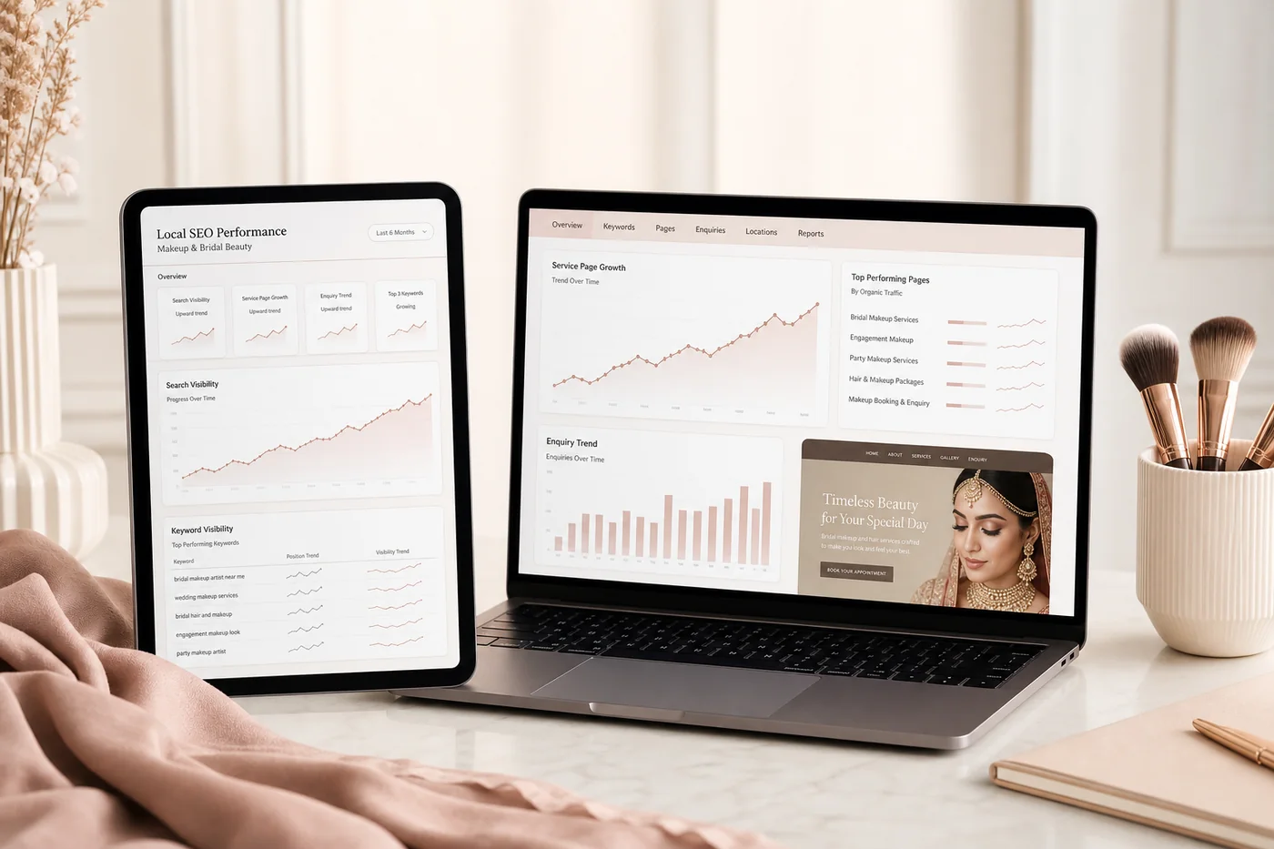 Bridal makeup business local SEO performance shown across laptop and tablet