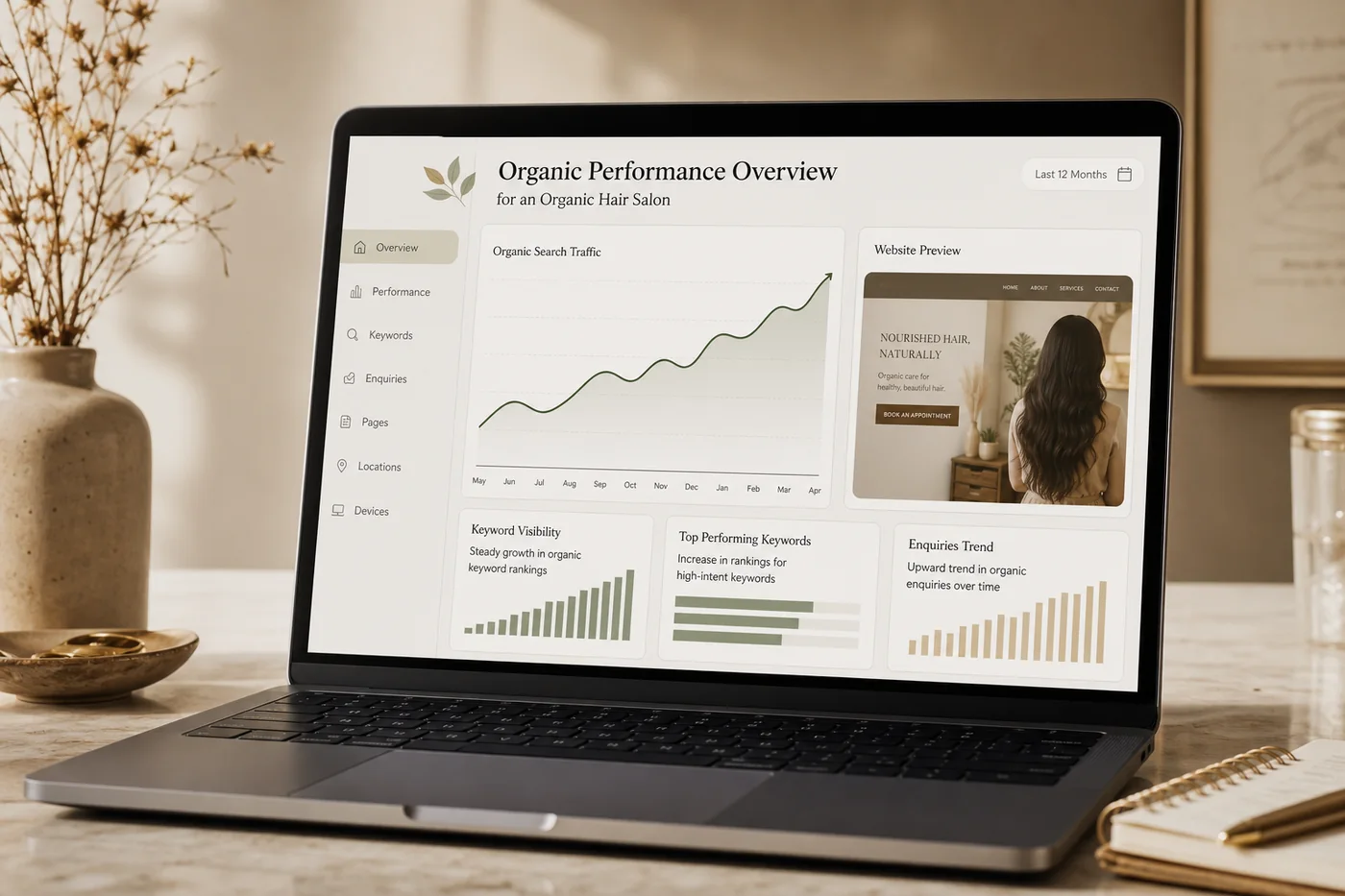 Organic hair salon SEO performance dashboard with increasing search traffic