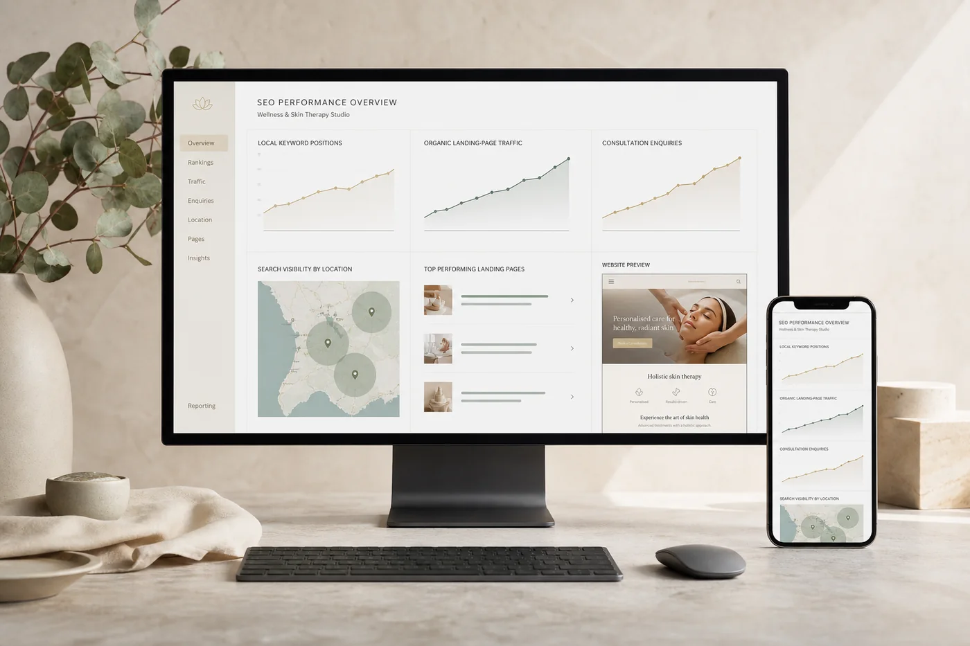 Wellness studio SEO visibility and enquiry dashboard on desktop and mobile