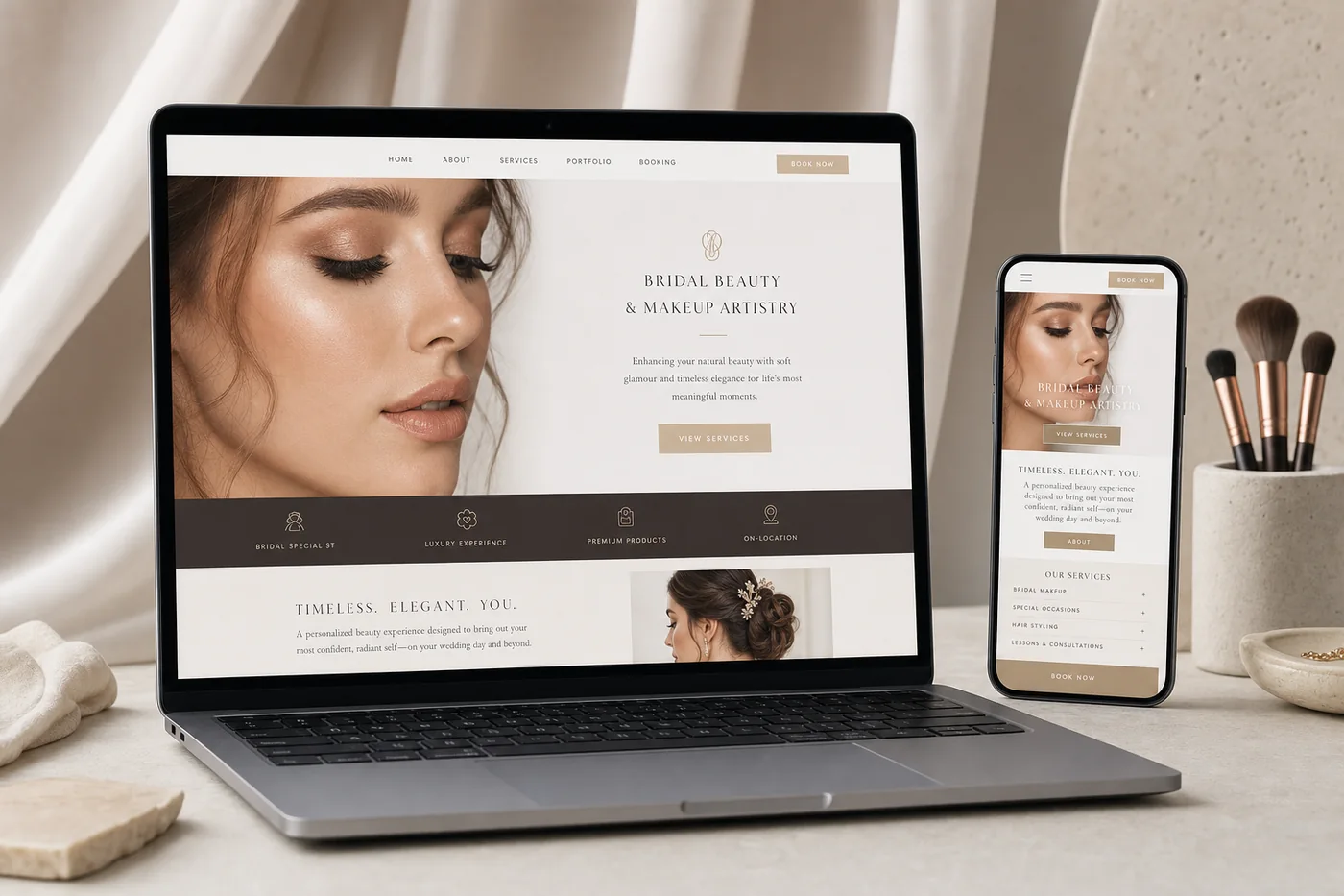 Elegant bridal makeup website displayed on a laptop and mobile phone