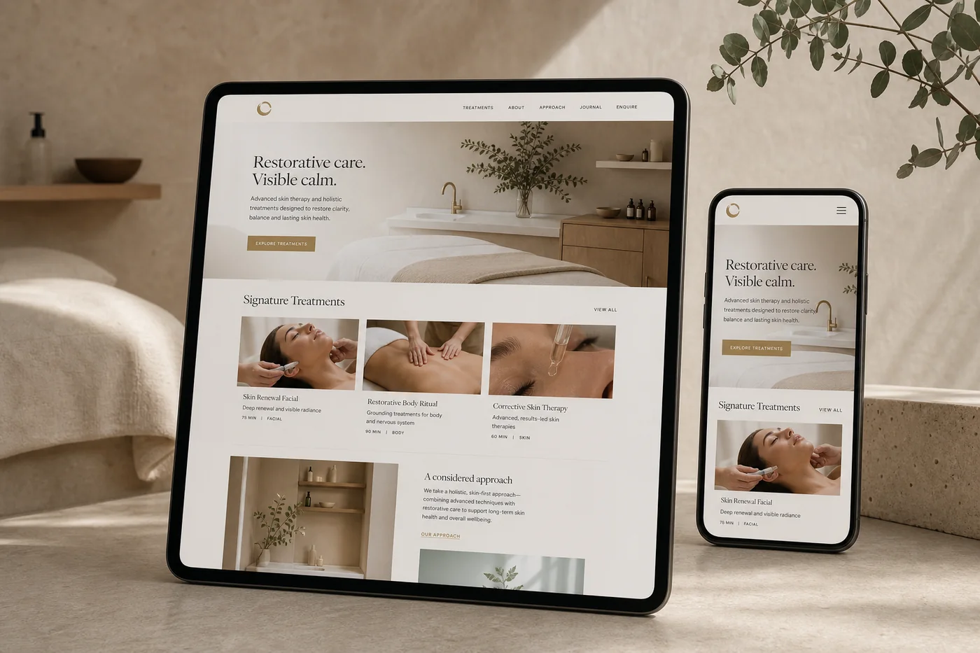 Wellness and skin therapy website displayed on a tablet and mobile phone